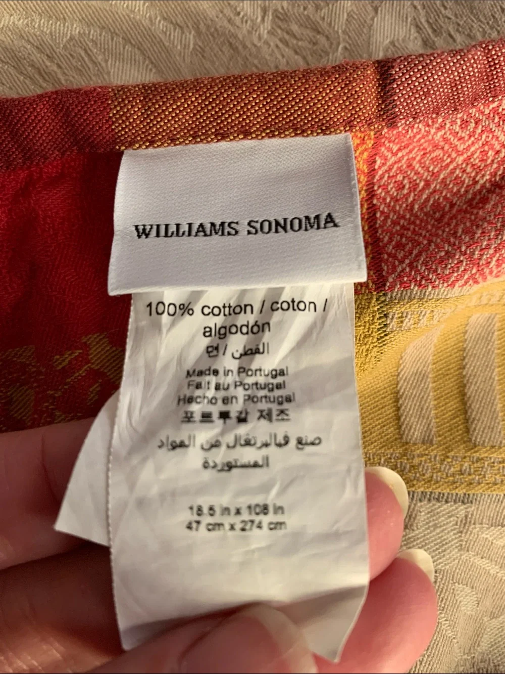 William Sonoma Fall color Decorative Cotton Table Runner Tan, Yellow & Red 108”